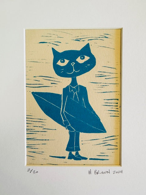 2024 Limited Edition Linocut Print 8x10 Cat Surfer