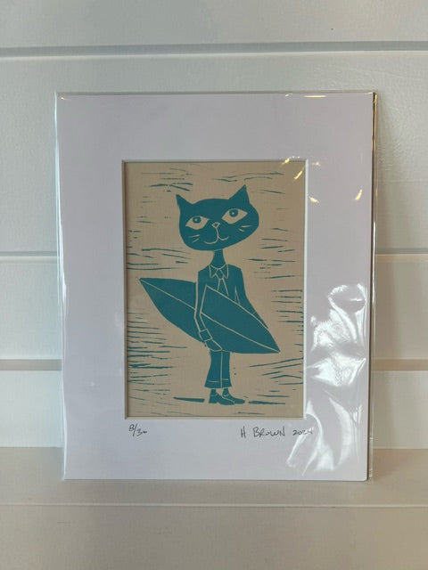 2024 Limited Edition Linocut Print 8x10 Cat Surfer